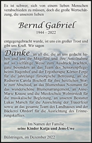 Traueranzeige von Bernd Gabriel  von Magdeburger Volksstimme