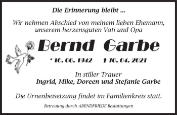 Traueranzeige von Bernd Garbe  von Magdeburger Volksstimme