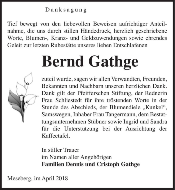Traueranzeige von Bernd Gathge  von Magdeburger Volksstimme