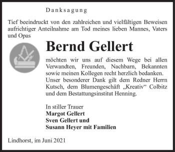 Traueranzeige von Bernd Gellert  von Magdeburger Volksstimme