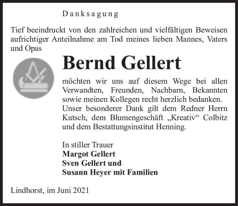 Traueranzeige für Bernd Gellert  vom 12.06.2021 aus Magdeburger Volksstimme