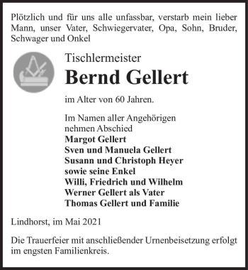 Traueranzeige von Bernd Gellert  von Magdeburger Volksstimme