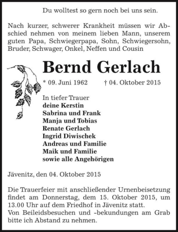 Traueranzeige von Bernd Gerlach  von Magdeburger Volksstimme