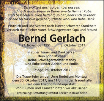Traueranzeige von Bernd Gerlach  von Magdeburger Volksstimme