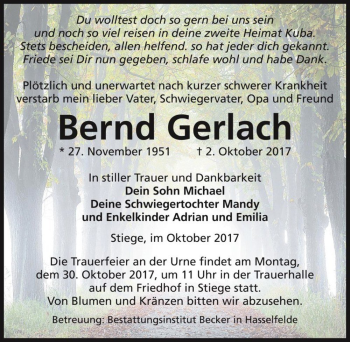Traueranzeige von Bernd Gerlach  von Magdeburger Volksstimme
