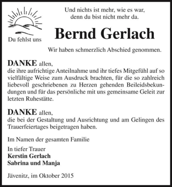 Traueranzeige von Bernd Gerlach  von Magdeburger Volksstimme