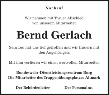 Traueranzeige von Bernd Gerlach  von Magdeburger Volksstimme