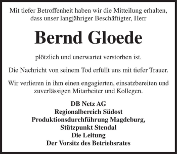 Traueranzeige von Bernd Gloede  von Magdeburger Volksstimme