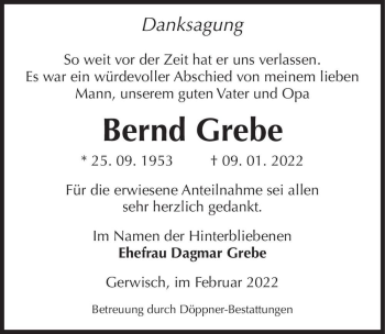 Traueranzeige von Bernd Grebe  von Magdeburger Volksstimme