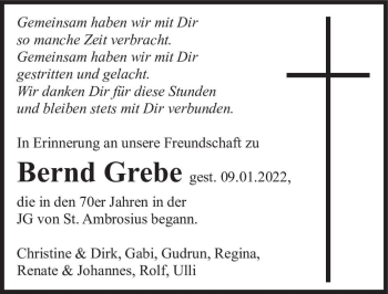 Traueranzeige von Bernd Grebe  von Magdeburger Volksstimme