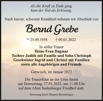 Traueranzeige von Bernd Grebe  von Magdeburger Volksstimme