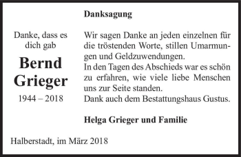 Traueranzeige von Bernd Grieger  von Magdeburger Volksstimme