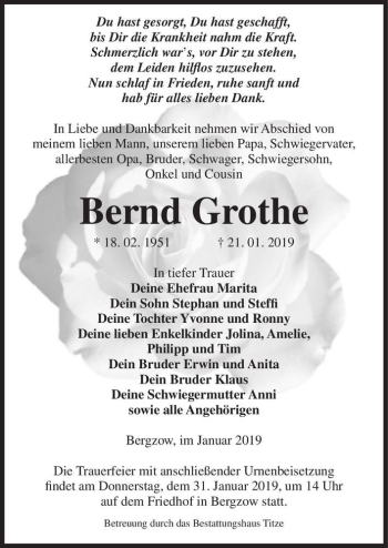 Traueranzeige von Bernd Grothe  von Magdeburger Volksstimme