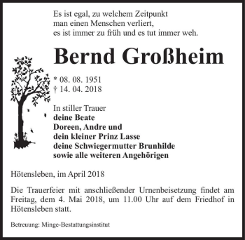 Traueranzeige von Bernd Großheim  von Magdeburger Volksstimme