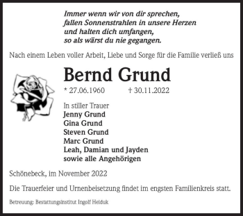 Traueranzeige von Bernd Grund  von Magdeburger Volksstimme