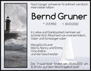 Traueranzeige von Bernd Gruner  von Magdeburger Volksstimme
