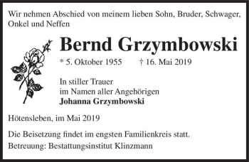 Traueranzeige von Bernd Grzymbowski  von Magdeburger Volksstimme