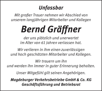 Traueranzeige von Bernd Gräffner  von Magdeburger Volksstimme