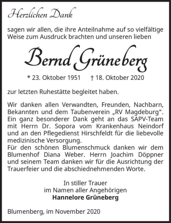 Traueranzeige von Bernd Grüneberg  von Magdeburger Volksstimme