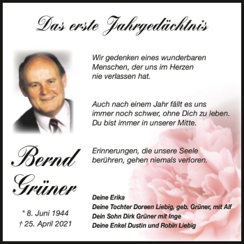 Traueranzeige von Bernd Grüner  von Magdeburger Volksstimme
