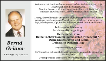 Traueranzeige von Bernd Grüner  von Magdeburger Volksstimme