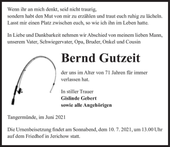 Traueranzeige von Bernd Gutzeit  von Magdeburger Volksstimme