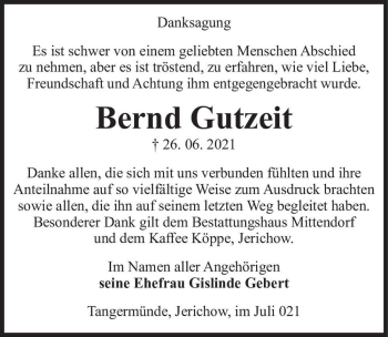 Traueranzeige von Bernd Gutzeit  von Magdeburger Volksstimme
