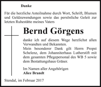 Traueranzeige von Bernd Görgens  von Magdeburger Volksstimme