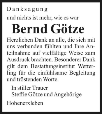 Traueranzeige von Bernd Götze  von Magdeburger Volksstimme