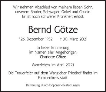 Traueranzeige von Bernd Götze  von Magdeburger Volksstimme