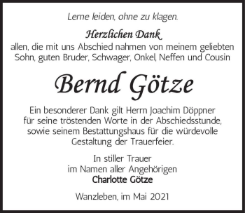 Traueranzeige von Bernd Götze  von Magdeburger Volksstimme