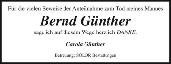 Traueranzeige von Bernd Günther  von Magdeburger Volksstimme