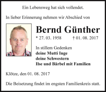 Traueranzeige von Bernd Günther  von Magdeburger Volksstimme