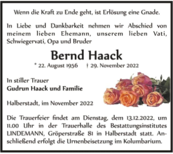 Traueranzeige von Bernd Haack  von Magdeburger Volksstimme
