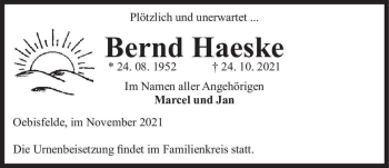 Traueranzeige von Bernd Haeske  von Magdeburger Volksstimme
