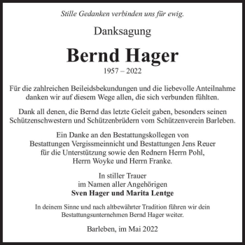 Traueranzeige von Bernd Hager  von Magdeburger Volksstimme