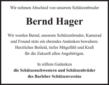 Traueranzeige von Bernd Hager  von Magdeburger Volksstimme