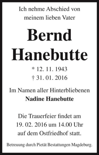 Traueranzeige von Bernd Hanebutte  von Magdeburger Volksstimme