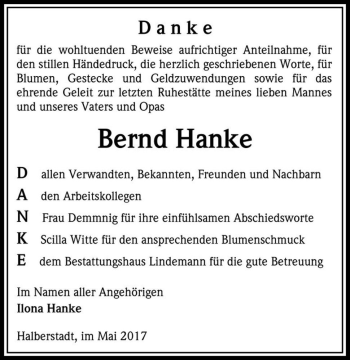 Traueranzeige von Bernd Hanke  von Magdeburger Volksstimme