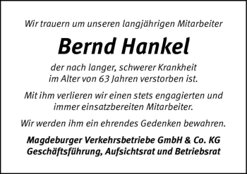 Traueranzeige von Bernd Hankel  von Magdeburger Volksstimme
