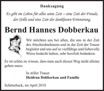 Traueranzeige von Bernd Hannes Dobberkau  von Magdeburger Volksstimme