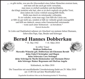 Traueranzeige von Bernd Hannes Dobberkau  von Magdeburger Volksstimme