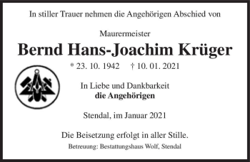 Traueranzeige von Bernd Hans-Joachim Krüger  von Magdeburger Volksstimme