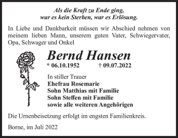 Traueranzeige von Bernd Hansen  von Magdeburger Volksstimme
