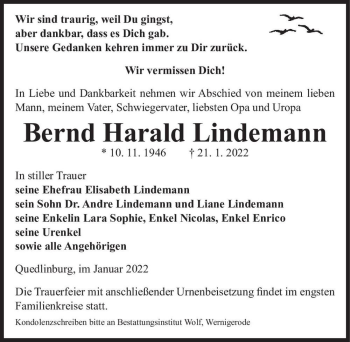 Traueranzeige von Bernd Harald Lindemann  von Magdeburger Volksstimme