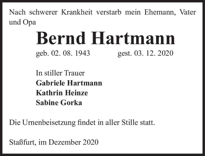  Traueranzeige für Bernd Hartmann  vom 12.12.2020 aus Magdeburger Volksstimme