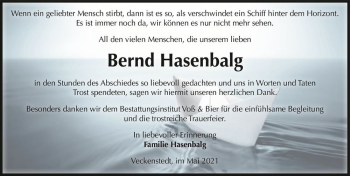 Traueranzeige von Bernd Hasenbalg  von Magdeburger Volksstimme