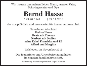 Traueranzeige von Bernd Hasse  von Magdeburger Volksstimme