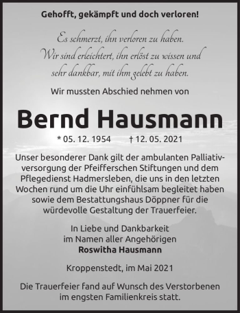 Traueranzeige von Bernd Hausmann  von Magdeburger Volksstimme