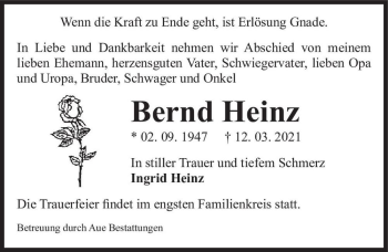 Traueranzeige von Bernd Heinz  von Magdeburger Volksstimme